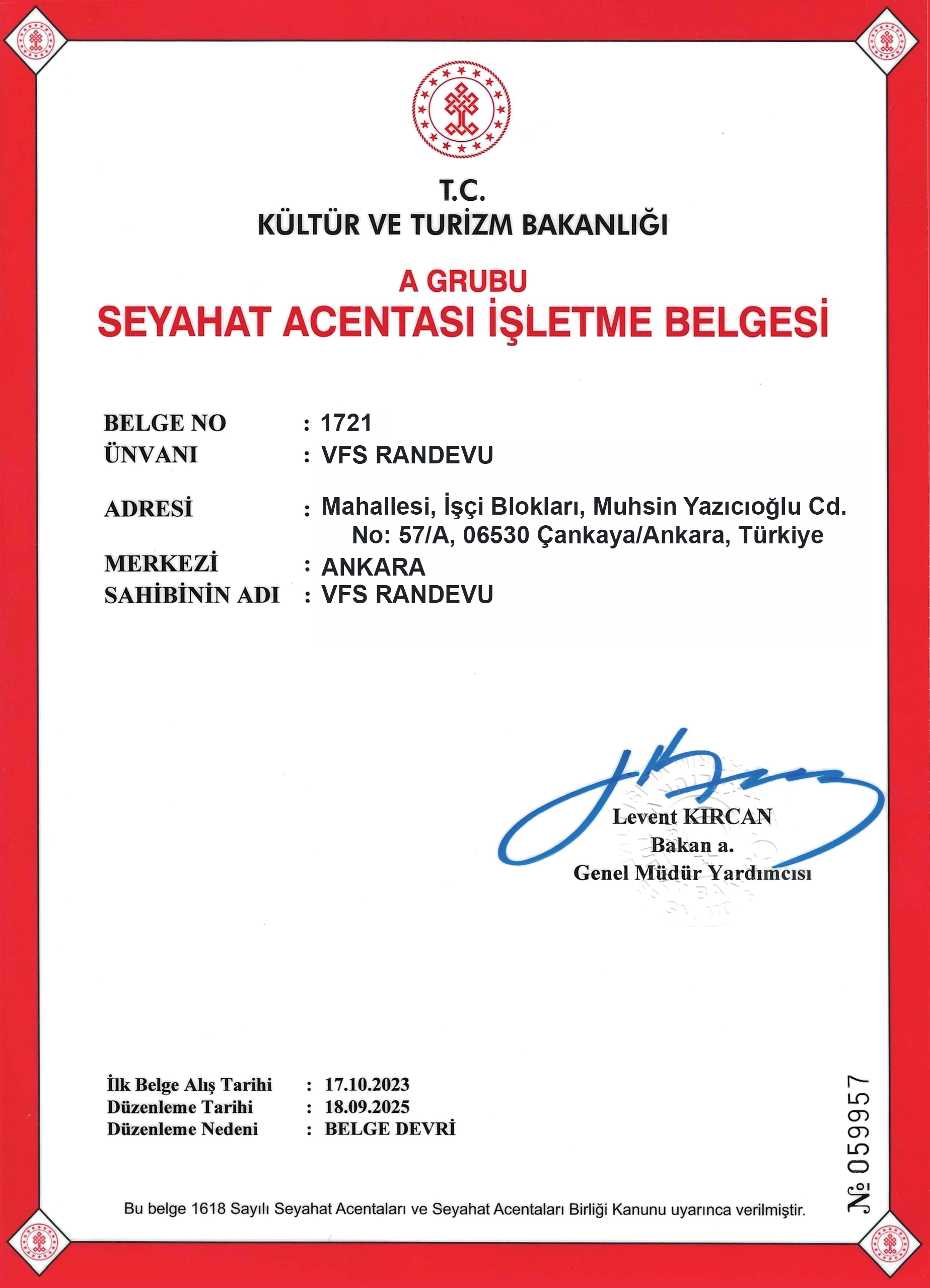 A Grubu Seyahat Acentası İşletme Belgesi